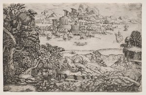 Landskap med et tempel over en innsjø, 1500-tallet. av Monogrammist HI