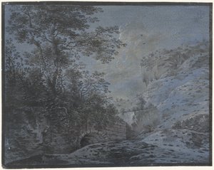 Kveldslandskap med gjengrodd ruin av Monogrammist IAR of IAP