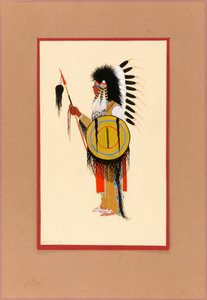 Cheyenne Warrior i fjærhodeplagg med skjold, ca. 1915-1937.