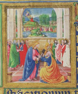 Ms 542 f.3v Kristus gir nøklene til St. Peter, i bakgrunnen leverer Gud lovens tavler til Moses, fra en psalter skrevet av Don Appiano fra Church of the Badia Fiorentina, Firenze