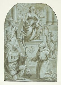 Maria med Jesusbarnet på tronen, omgitt av apostelen Andreas, døperen Johannes som barn, den hellige Hieronymus og den hellige Frans av Assisi av Moretto da Brescia