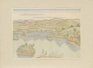 Innsjø ved foten av Bandaisan-fjellet Bandaisan fumoto no ko Del to, Aizu-området (serietittel) Dai nishû, Aizu no bu (serietittel) Trykk av japanske landskap (serietittel) Nihon fûkei hanga (serietittel) av Morita Tsunetomo