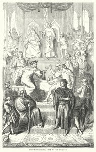 Sangerkrieg, en konkurranse mellom minstreler på Wartburg-slottet i Thuringia i 1207 (gravering) av Moritz Ludwig von (after) Schwind