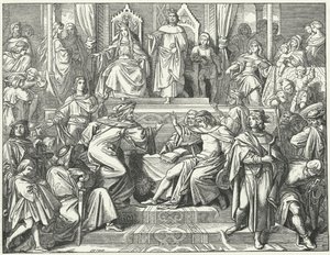 Sangerkrieg, en konkurranse mellom minstreler på Wartburg-slottet i Thuringia i 1207 (gravering) av Moritz Ludwig von Schwind