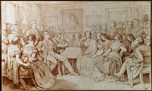 Komponisten Franz schubert akkompagnerer tenor Johann Michael Vogl på en musikalsk kveld på Baron von Spaun (Tegning av Moritz Ludwig von Schwind