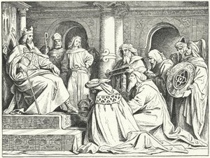 Utsendingene til kalifen Harun al-Rashid bringer gaver til keiseren Charlemagne, 802 (gravering)