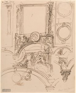 Arkitektoniske detaljer for en veggdekorasjon med keiserinne Maria Theresia som omfavner den unge Wolfgang Amadeus Mozart av Moritz Ludwig von Schwind
