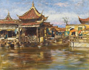 A Tea House, Shanghai, ca. 1909 (gouache og olje om bord) av Mortimer Ludington Menpes