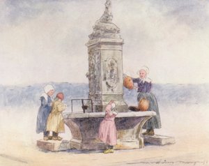 Ved fontenen, Concarneau (fargelitografi) av Mortimer Ludington Menpes