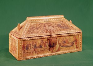 Kisten som tidligere ble antatt å ha inneholdt det hellige likkledet fra Besancon, 1200-tallet (tre malt med tempera på en forgylt base)
