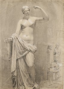 Cast of Venus med studentskisser i bakgrunnen (svart kritt med hvit forhøyning på papir) av Moseley Danforth