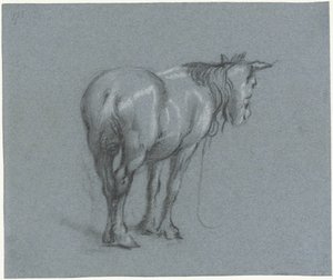 Studie av en hest bakfra, til høyre Stående arbeidshester (serietittel) av Moses Ter Borch