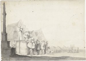 Markedsplass med kunngjøring på en tønne av Moses ter Borch (possibly)