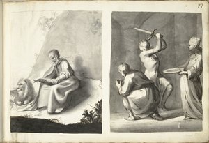 Den hellige Hieronymus i villmarken og halshugging av døperen Johannes av Moses ter Borch (signed by artist)