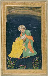 En Mullah som bøyer seg for en mann i iransk kjole som løfter ham opp fra bønn, fra Small Clive Album (wc på papir) av Mughal School