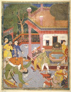 En helt dreper en kjempe foran en mengde tilskuere på en gårdsplass, illustrasjon fra Hamza Nama, ca. 1555-67 (kroppsfarge på bomull) av Mughal School