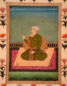 En linjal som sitter på et teppe eller en terrasse, holder en blomst, fra Small Clive Album (ugjennomsiktig akvarell på papir) av Mughal School
