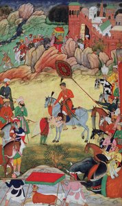 Adham Khan hyller Akbar i Sarangpur, Sentral-India, i 1560 eller 1561, fra Akbarnama, 1590-98