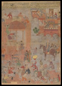 Anushirvan legger grunnlaget for Ctesiphon at an Auspicious Hour, Manuscript folio, ca. 1560-1565 (ugjennomsiktig akvarell, blekk og gull på stoff, montert på papp) av Mughal School