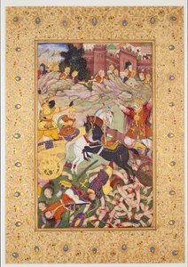Kampscene: Pandavaene ledet av Krishna vs. Kauravaene ledet av Bhishma, sent på 1500-tallet (maleri)