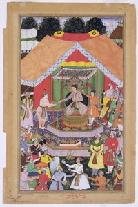 Keiser Akbar (r.1556-1605) underholdt av fosterbroren Azim Khan i Dipalpur, Punjab, 1571, fra Akbarnama laget av Abul Fazi, 1590-98 (ugjennomsiktig wc og gull på papir) av Mughal School