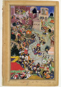 Keiser Akbar (r.1556-1605) skyter Saimal ved beleiringen av Chitov i 1567, fra Akbarnama laget av Abul Fazi, 1590-98 (ugjennomsiktig wc og gull på papir) av Mughal School