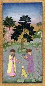 Falconer med ledsager og kjæledyrgepard, fra Small Clive Album, ca. 1610-15 (ugjennomsiktig wc på papir) av Mughal School