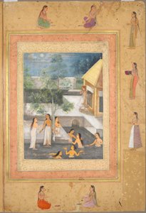 Harem Night-Bathing Scene (rekto): Kalligrafi innrammet av en dekorativ kant av blomster og fugler (verso), ca. 1650 (blekk og farge på papir) av Mughal School
