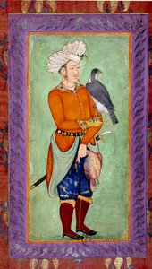 Indisk kunst: representasjon av en usbekisk prins som holder en hauk for jakt, på den andre siden et dødt bytte. Akvarell fra Moghole-perioden fra et manuskript av Mughal School