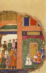 Kong Dasaratha samtaler med familiepresten om Ramas regentskap inne i palasset, mens hoffmenn og ministre venter på gårdsplassen, ca. 1595 av Mughal School