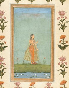 Dame som holder en blomst, står ved en liljedam, fra Small Clive Album (ugjennomsiktig wc på papir) av Mughal School