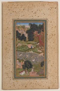 Majnun in the Wilderness, ca. 1600 (ugjennomsiktig akvarell på papir) av Mughal School