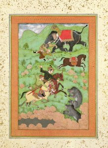 Rajput-prinser som jakter bjørn; en mahout og elefanten hans redder en fallen rytter fra en tiger, fra Large Clive Album av Mughal School