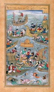 Sultan Bahadur og Rumi Khan hopper i sjøen når de er omgitt av portugisiske båter, fra Akbarnama av Mughal School
