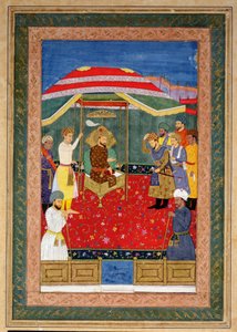 Mughal-keiseren Babur (1526-30) sitter på en trone og tar imot en prins, Johnson Album I, nr.3 nummerert 65 av Mughal School