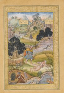 En muslimsk pilegrim lærer en leksjon i fromhet fra en brahman, folio fra en Khamsa..., 1597-98 av Muhammad Husain Kashmiri