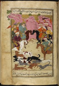 Shah Isma'il og Ala' al-Dawla ser på hundene sine kjempe mot hverandre og ser på kampen som et tegn på utfallet av deres egen kommende kamp', illustrasjon fra 'History of Shah Isma'il' (vellum)