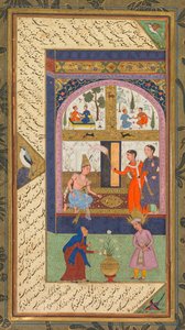 Zulaykha i palasset hennes og som en gammel kvinne med Joseph, fra en Panj Ganj (fem skatter) av Abd al-Rahman Jami (persisk, 1414–1492); Verso: Fra en Panj Ganj fra Abd al-Rahman Jami (persisk, 1414–1492), med to masnavis: Yusuf va Zulaykha (Joseph og Zul
