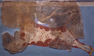 Tyrefektingsscene, freskomaleri fra Tirinto-palasset, mykensk sivilisasjon av Mycenaean