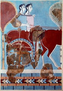 Mykensk kunst: par på en tank. Fragment av freske fra Tiryns-palasset og rekonstitusjon av Mycenaean