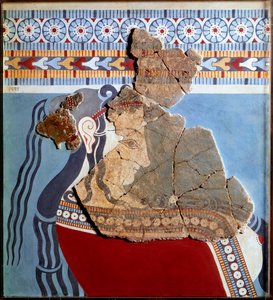 Mykensk kunst: kvinnebyste. Fragment av freske fra Tiryns-palasset og rekonstitusjon av Mycenaean