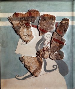 Mykensk kunst: feminint hode. Fragment av freskomaleri fra palasset i Tiryns av Mycenaean