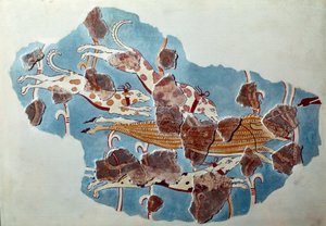 Mykensk kunst: jaktscene, hunder jager villsvin. Fragment av freske fra Tiryns-palasset og rekonstitusjon