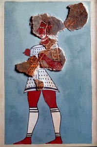 Mykensk kunst: kriger. Fragment av freske fra Tiryns-palasset og rekonstitusjon av Mycenaean