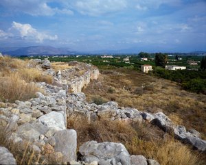 Ruinene av festningen til citadellet: stedet for den gamle byen Tirynthe, rundt 1200 f.Kr. Hellas av Mycenaean