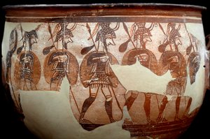 Mykensk sivilisasjon: krater kalt Warriors. Fra sirkelen av graver A til Mykenes. 1100-tallet f.Kr. Athen, National Archaeological Museum - Art of mycenaean sivilisasjon: krater kalt Warriors krater. Fra gravsirkel A ved Mykene. 1100-tallet av Mycenaean Mycenaean