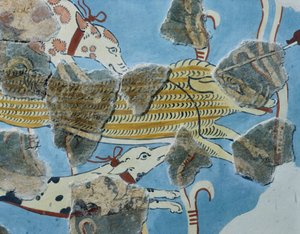 Freske fra Tirinto-palasset (Hellas). Detalj: gruppe hunder som angriper et villsvin. Mykensk sivilisasjon av Mycenean