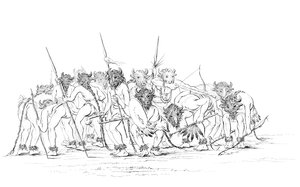 Indianerjegere danser iført bøffelmasker, 1841.