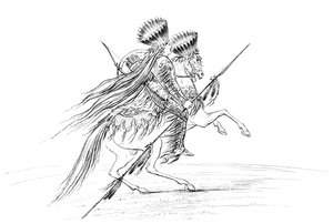 Indianermann med våpen og hodeplagg, rir på hest, 1841. av Myers and Co
