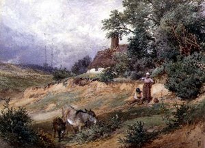 Barn og esler ved en Heath Cottage av Myles Birket Foster